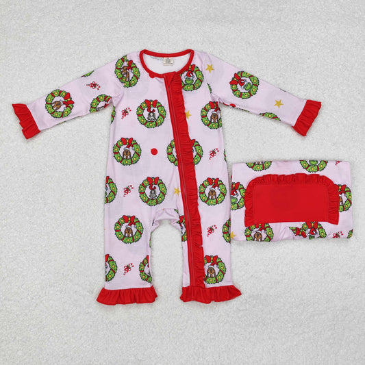 bamboo LR1664 Christmas green face pink long sleeve zipper girls romper