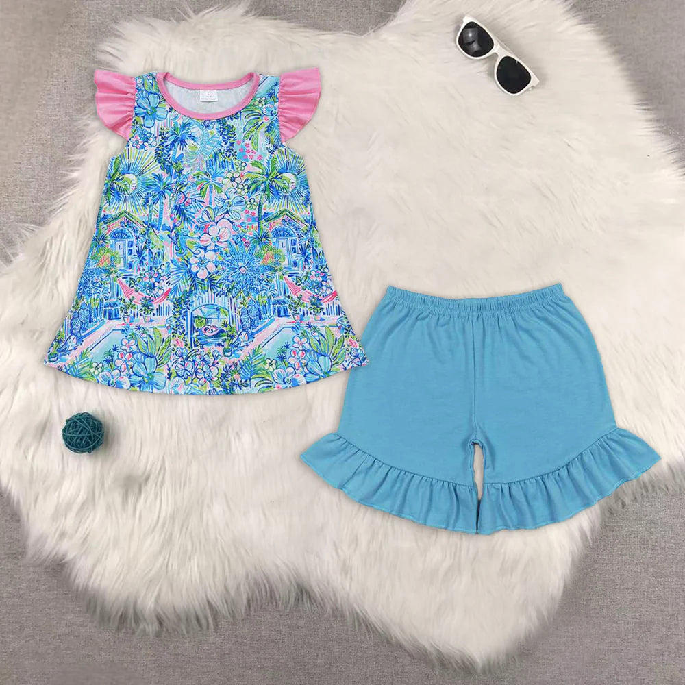 blue flowers house flutter sleeve blue shorts girls set GT0563+SS0272