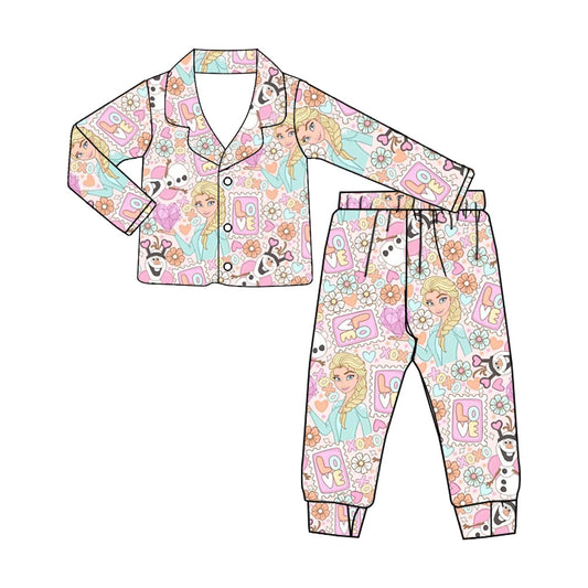 Custom Baby Girl Love Ice Princess Pink Long Sleeve Pants Girls Pajamas Kids Valentine's Day Clothes