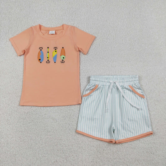 Embroidery BSSO1606 Fishing short sleeve blue striped shorts boys set