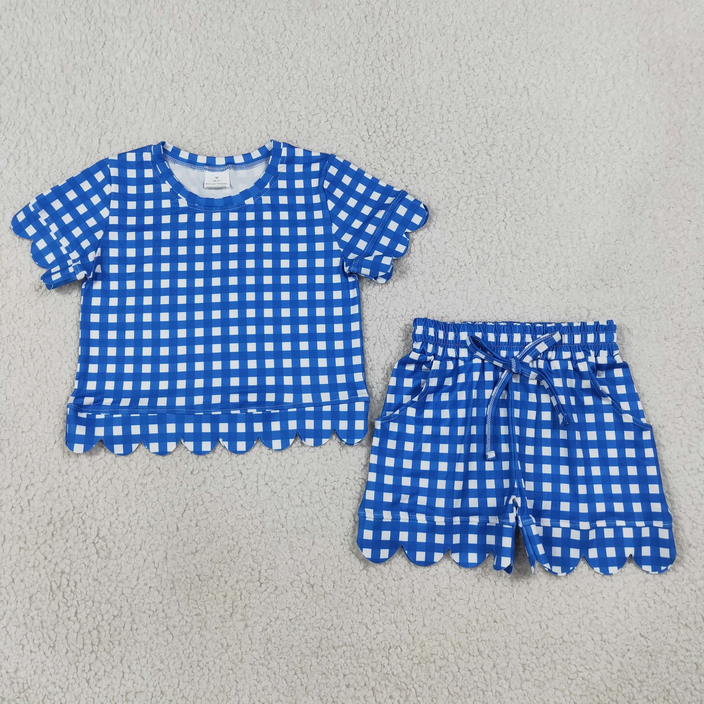 GSSO3837 Scallop Blue Checkered Short Sleeve Shorts Girls Set