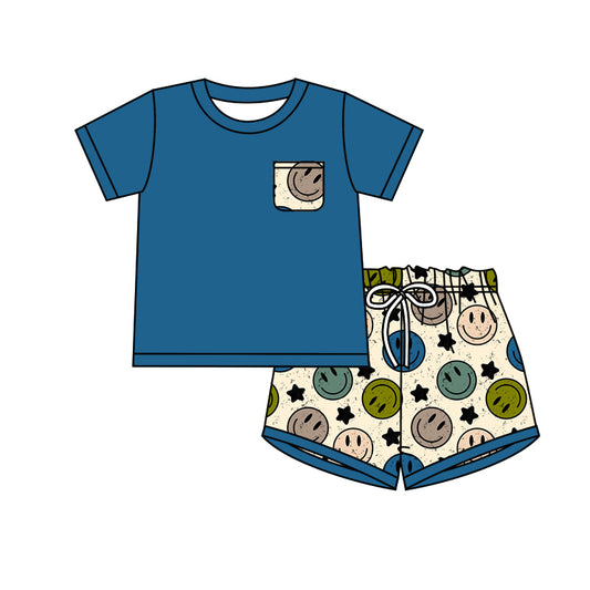 Preorder BSSO0541 Colorful Smile Pocket Blue Short Sleeve Star Shorts Boys Set