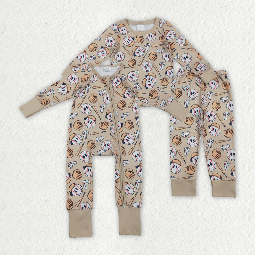 Smile Basseball Khaki Romper/Pajamas RTS Sibling Clothes