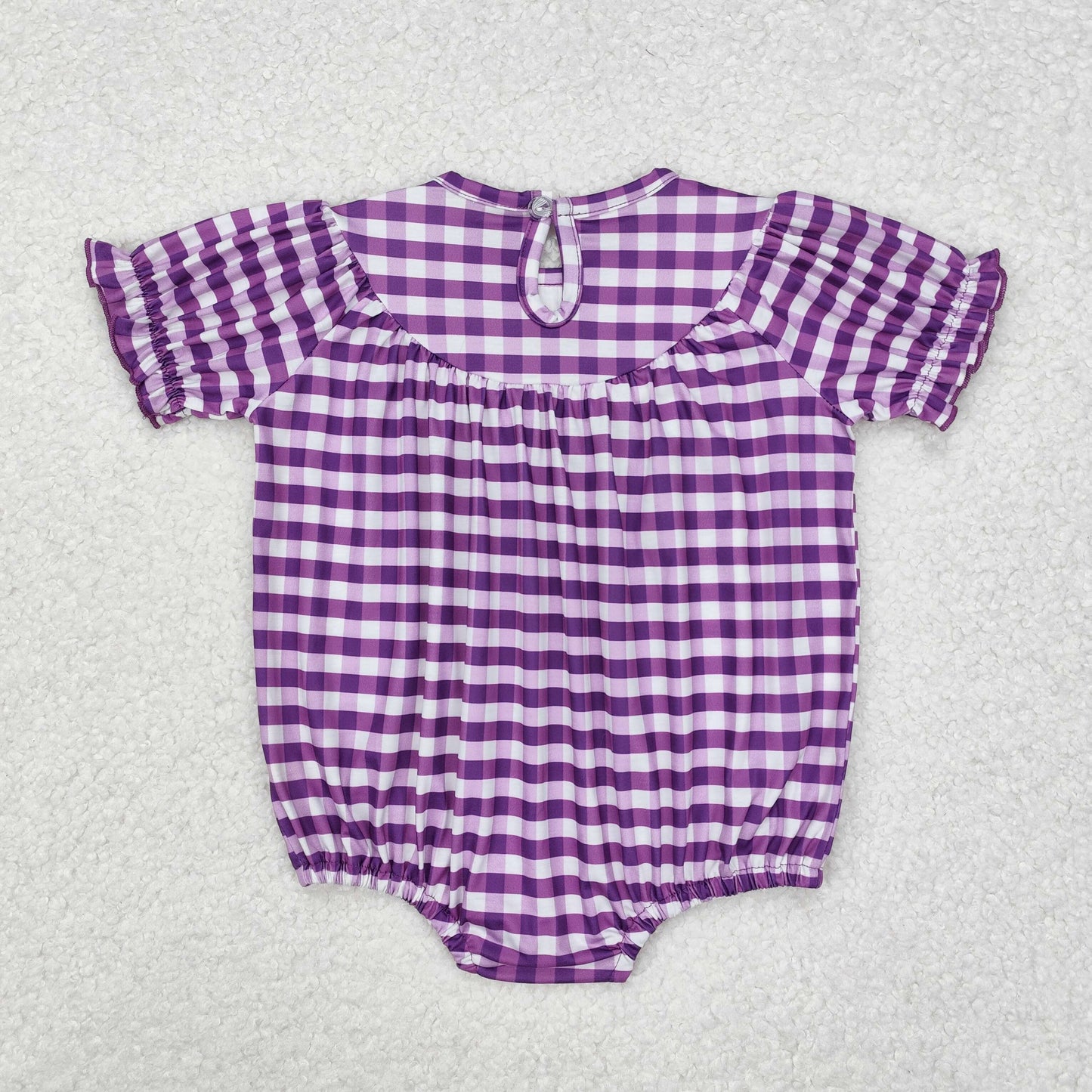 SR2060 smocked Mardi Gras crocodile crayfish purple checekred short sleeve girls romper