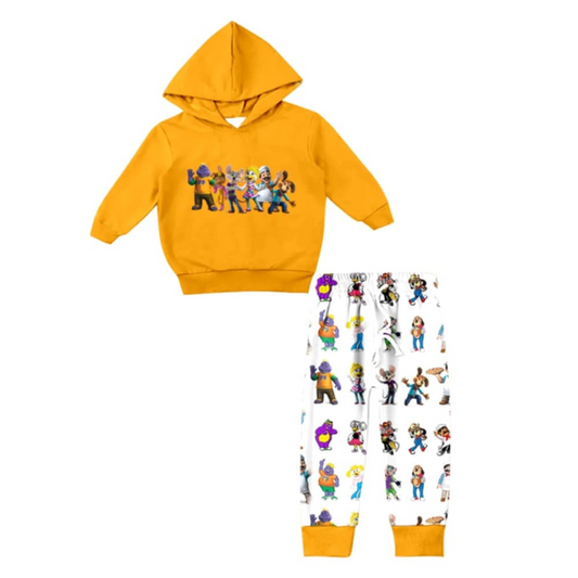 custom cartoon orange long sleeve hoodie pants boys set