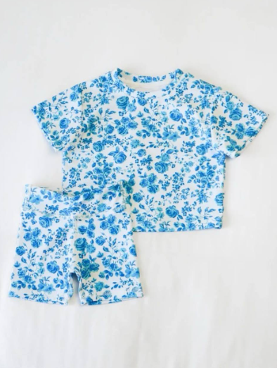 preorder blue flowers floral short sleeve shorts girls set