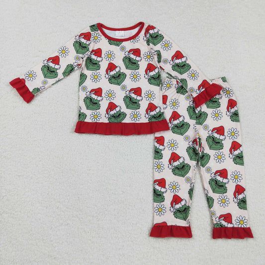 GLP2635 Christmas green face flowers red long sleeve pants girls pajamas