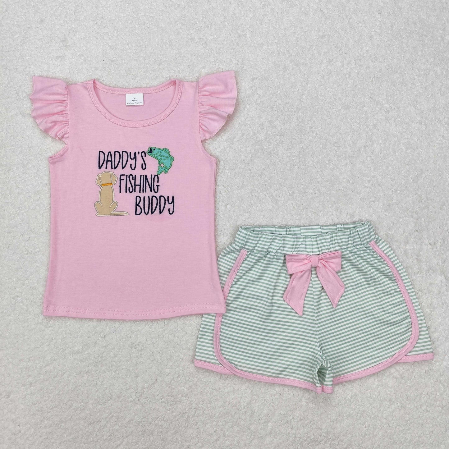 embroidery GSSO1673 daddy's fishing buddy dog pink flutter sleeve green striped shorts girls set