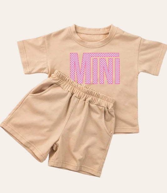 custom moq 3 mini khaki short sleeve shorts kids set