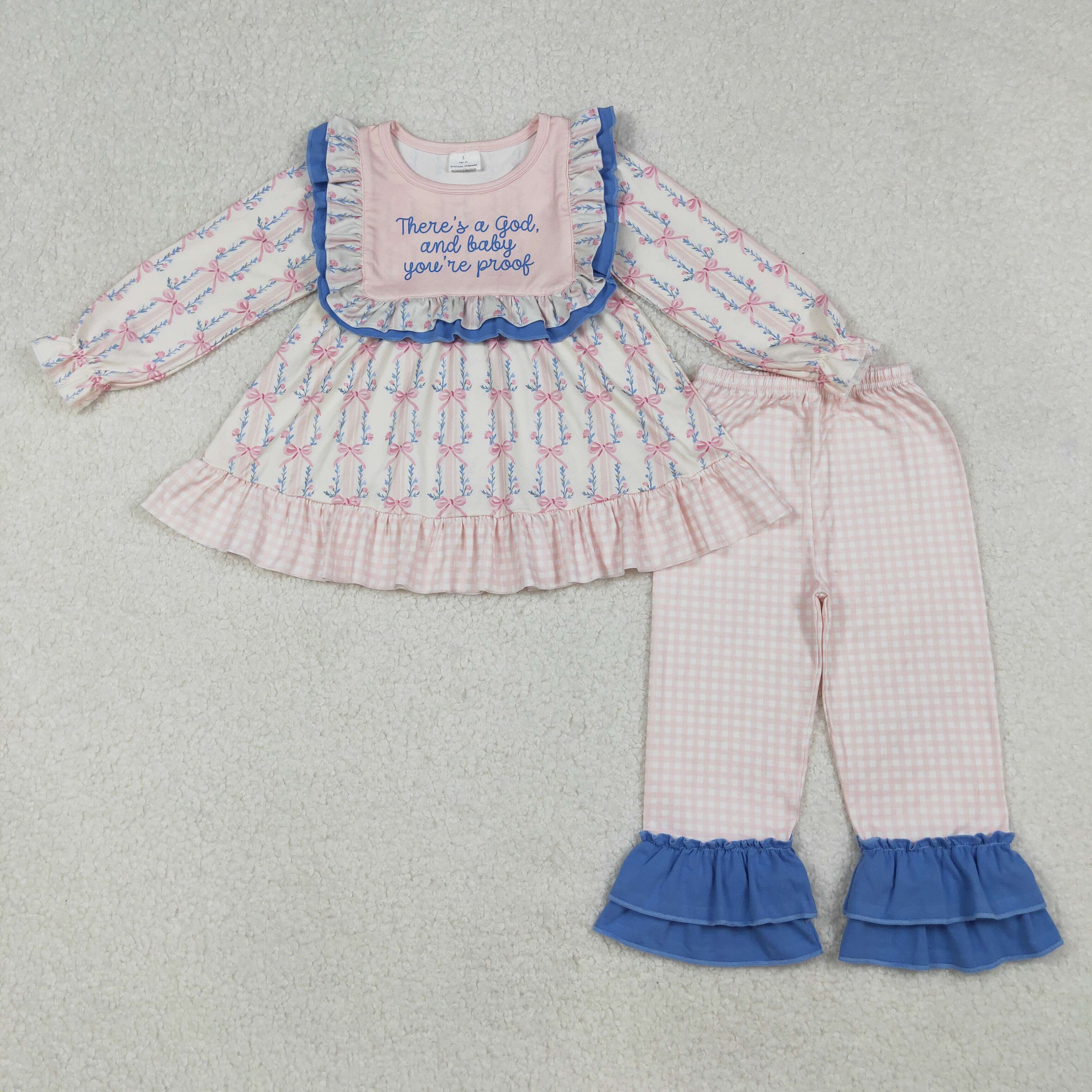 GLP2379 There's a god,and baby you're prook pink bows long sleeve pant ...
