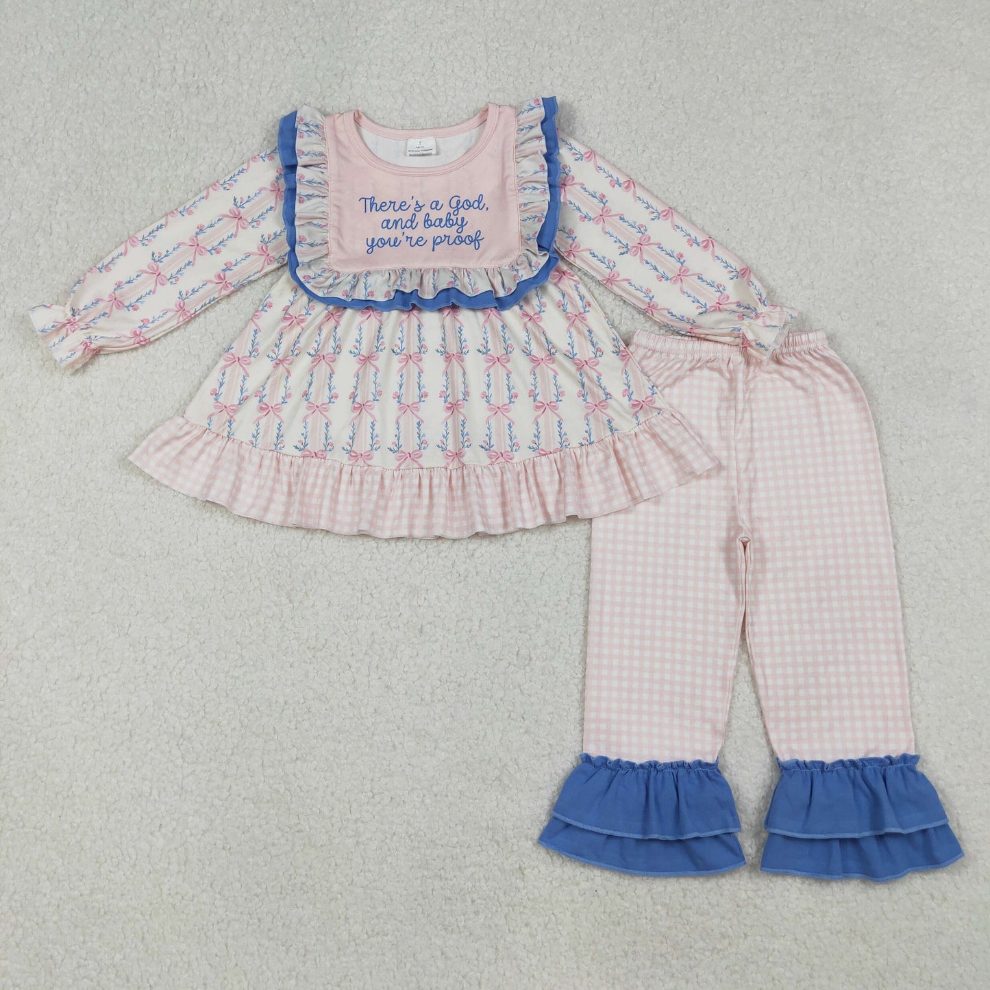 GLP2379 There's a god,and baby you're prook pink bows long sleeve pants girls set