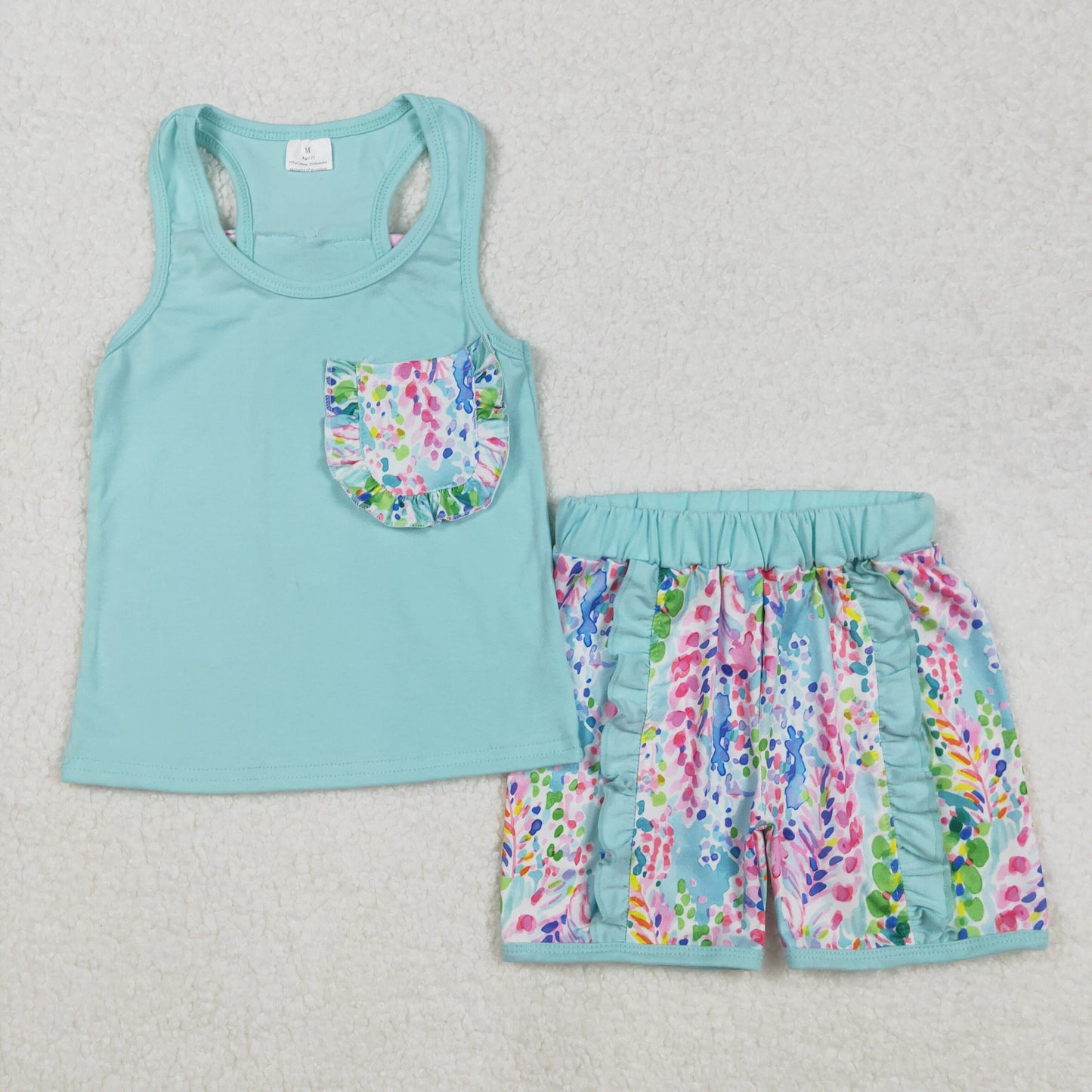 GSSO1982 Mint Pocket With Bows Top Colorful Printing Shorts Girls Set