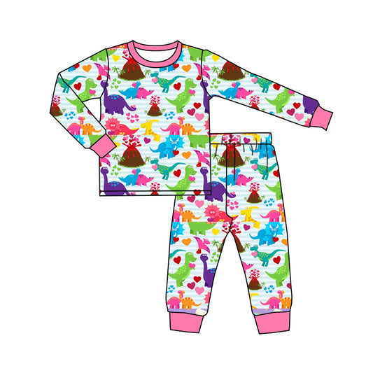 Preorder GLP2194 Valentine's Day heart colorful dinosaur long sleeve pants girls pajamas