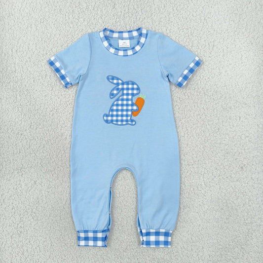 Embroidery SR4297 Easter Rabbit Carrot Blue Short Sleeve Boys Romper