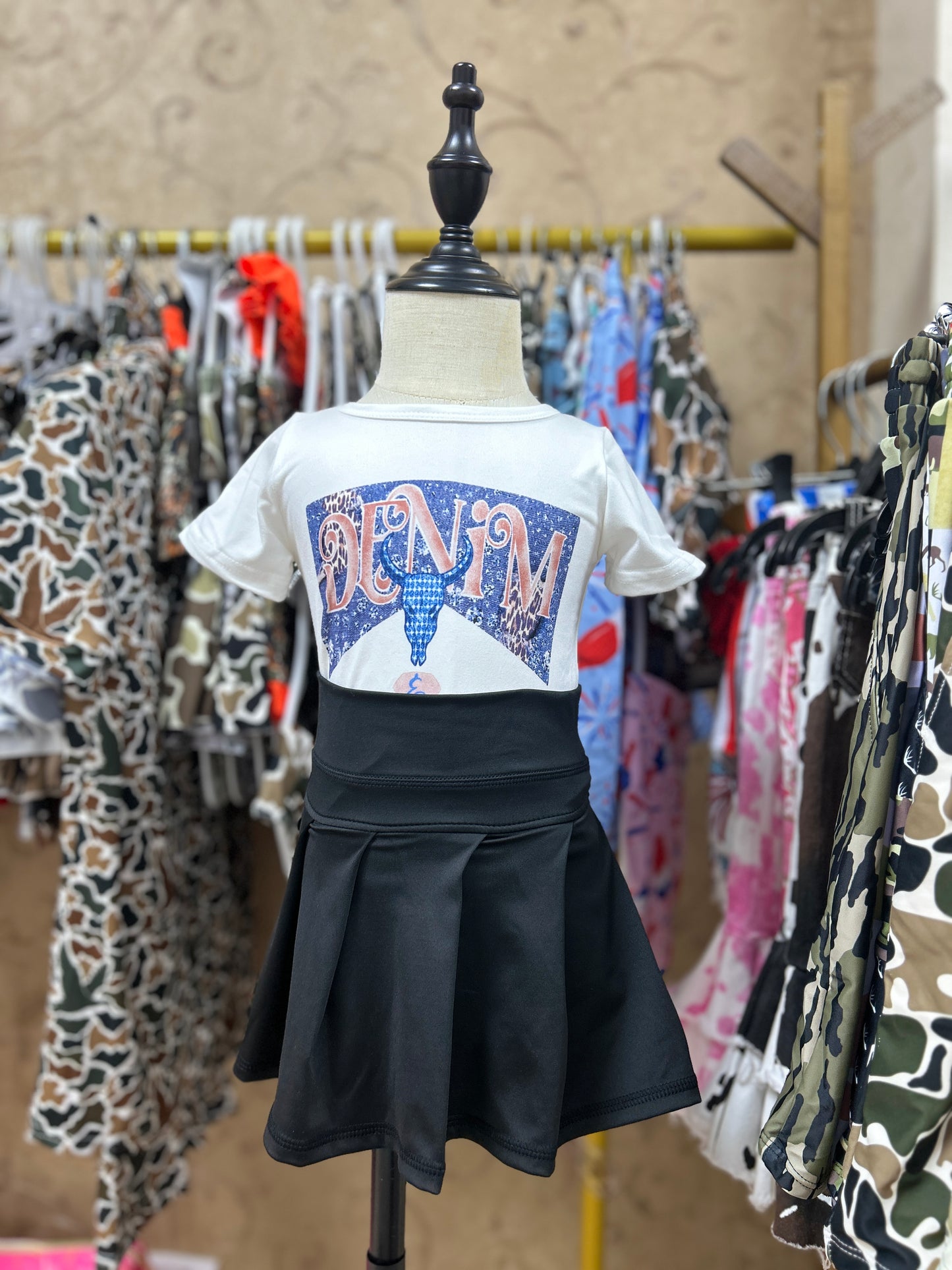 Western blue cow short sleeve yoga black skirt skort girls set
