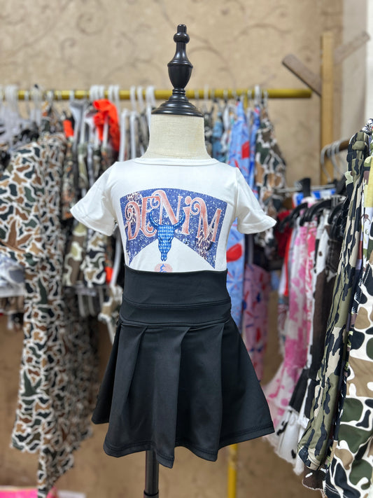 Western blue cow short sleeve yoga black skirt skort girls set