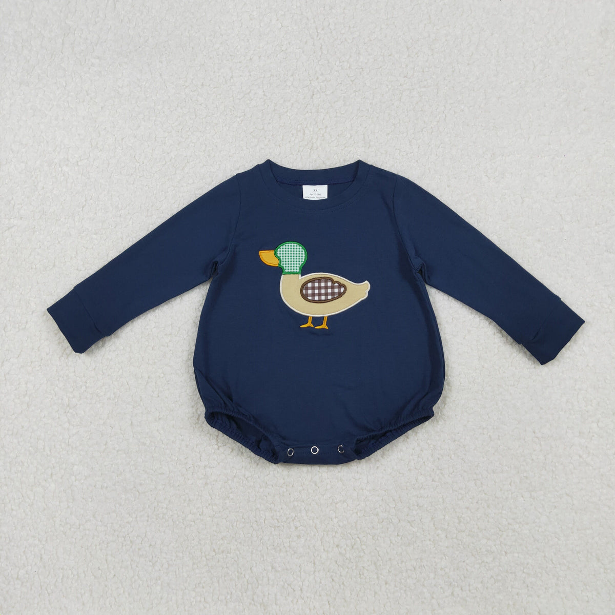 embroidery LR2436 cute mallard duck navy blue long sleeve girls romper
