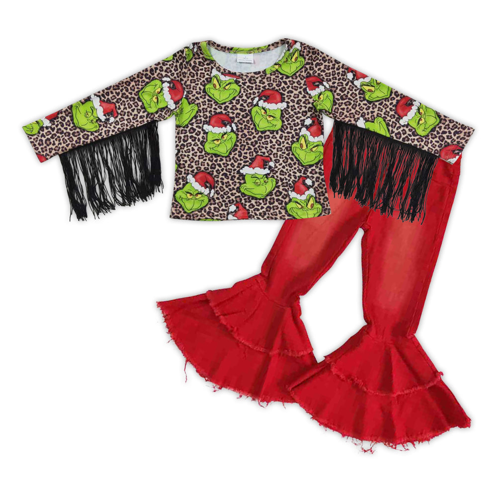 GLP0598 Christmas Green Face Leopard Tassels Top Red Denim Jeans Girls Set