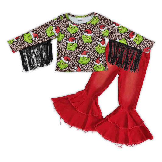 GLP0598 Christmas Green Face Leopard Tassels Top Red Denim Jeans Girls Set