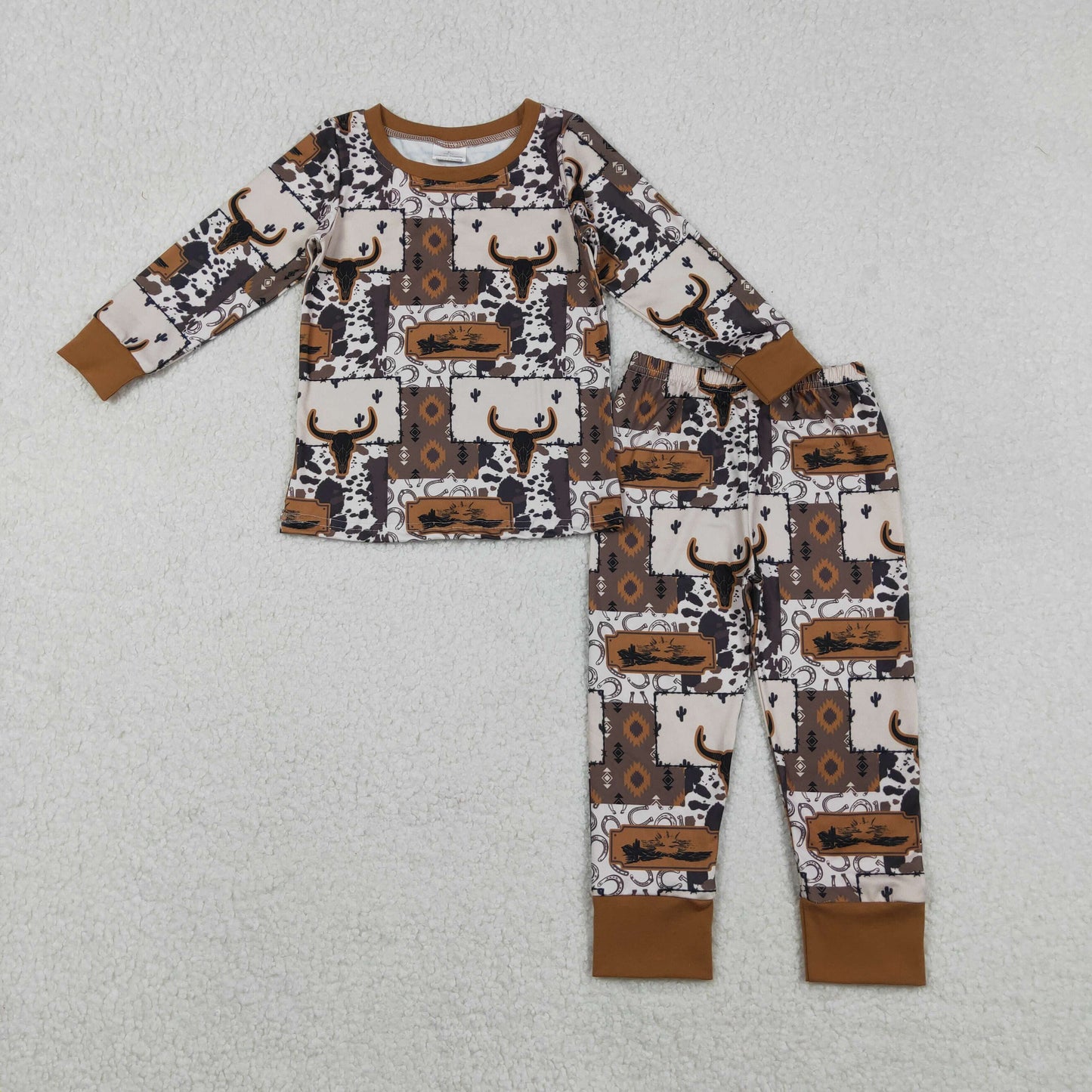 BLP1200 Western cow Aztec brown long sleeve pants boys pajamas