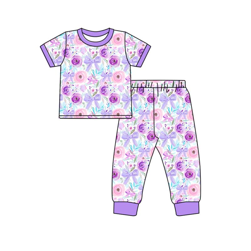 preorder GSPO1804 colorful flowers bows purple short sleeve pants girls pajamas