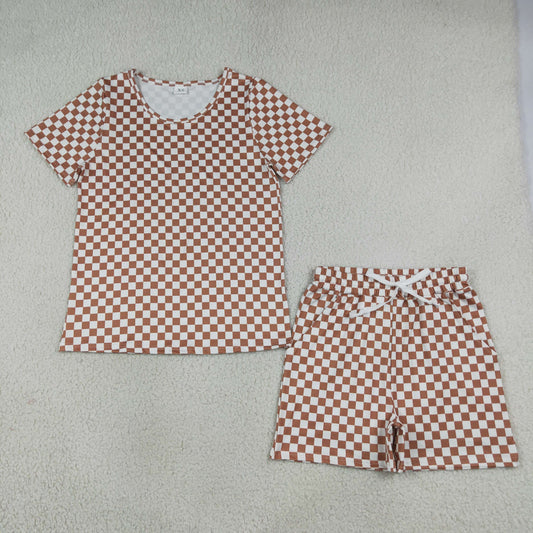 GSSO2680 khaki checkered short sleeve shorts girls pajamas