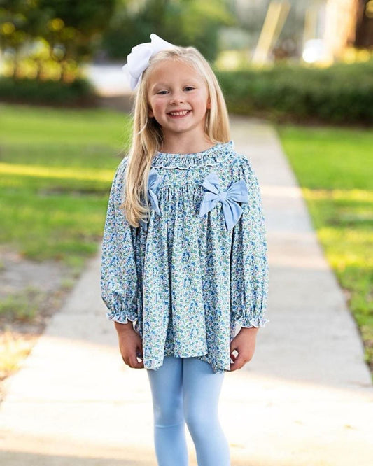 custom order blue flowers bows long sleeve blue pants girls floral set