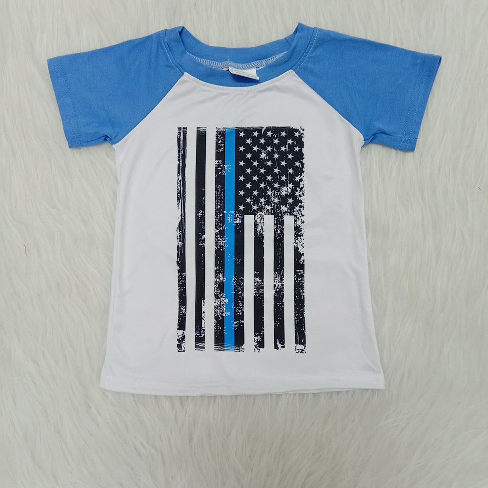 A9-17 Blue Short Raglan Flag Boys Casual T-shirts