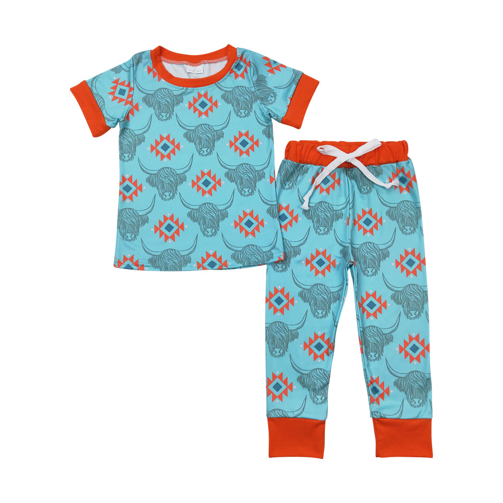 BSPO0328 Western Aztec highland cow short sleeve pants boys pajamas