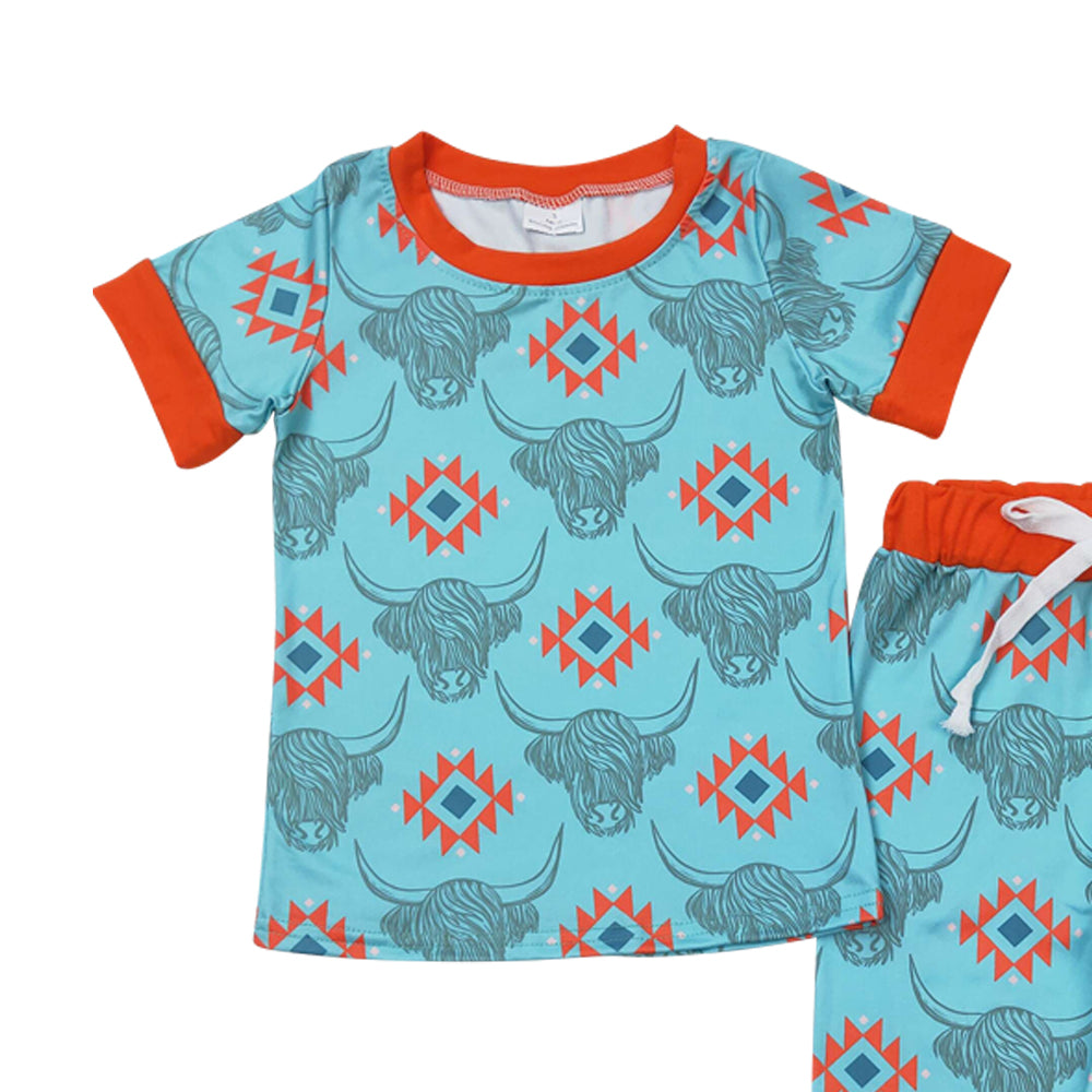BSPO0328 Western Aztec highland cow short sleeve pants boys pajamas
