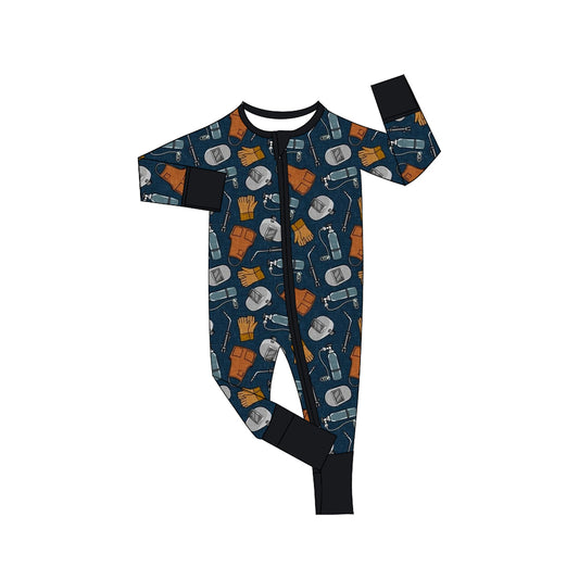 custom style welder  navy blue long sleeve boys zipper romper