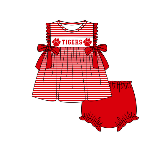 Custom Moq 3 Football Item Tigers Red Bows Sleeveless Girls Bummies Set