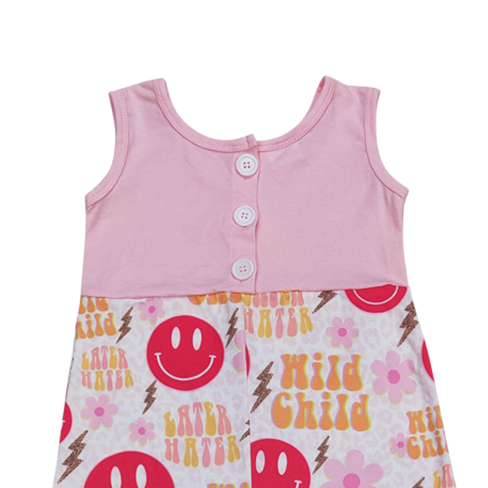SR1195 Wild child hot pink smile flowers sleeveless girls jumpsuits