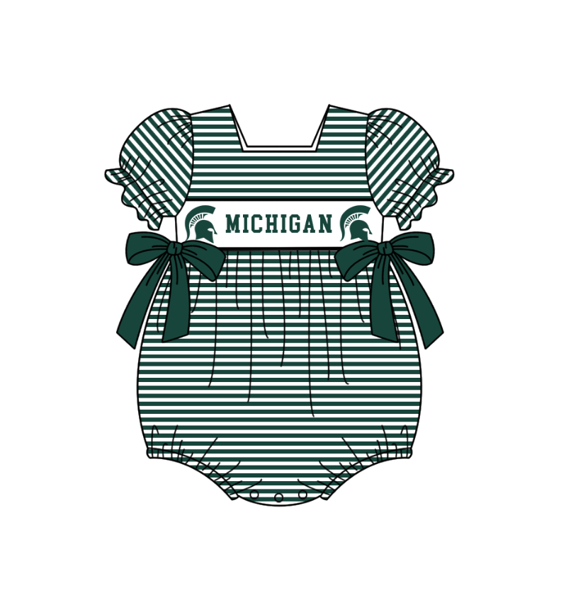 Custom Moq 3 Football Item Michigan Green Short Sleeve Girls Romper