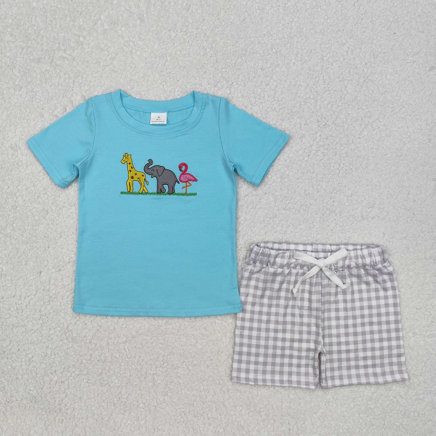 embroidery BSSO1019 aqua elephant flamingo giraffe short sleeve checkered shorts boys set