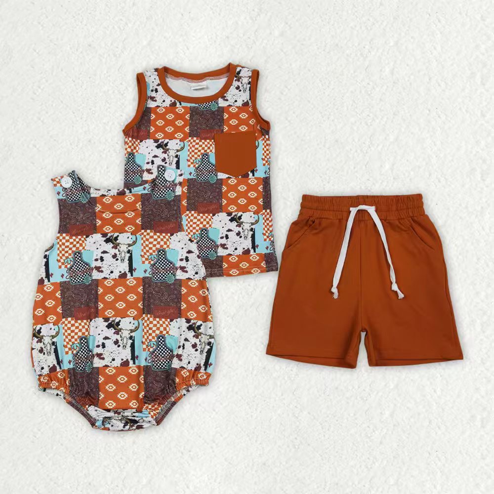 Western Cow Aztec Style Boys Set/Romper Sibling Clothes