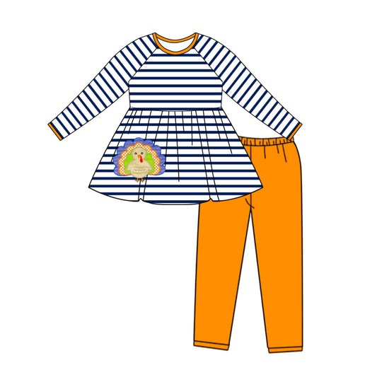 preorder GLP1608 Thanksgiving turkey navy blue striped long sleeve orange pants girls set