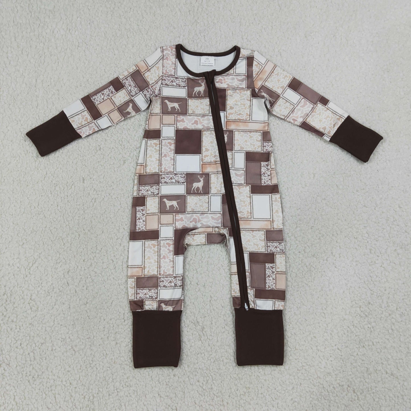 LR3118 Hunting Deer Dog Camo Zipper Long Sleeve Boys Romper