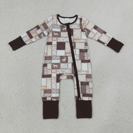 LR3118 Hunting Deer Dog Camo Zipper Long Sleeve Boys Romper