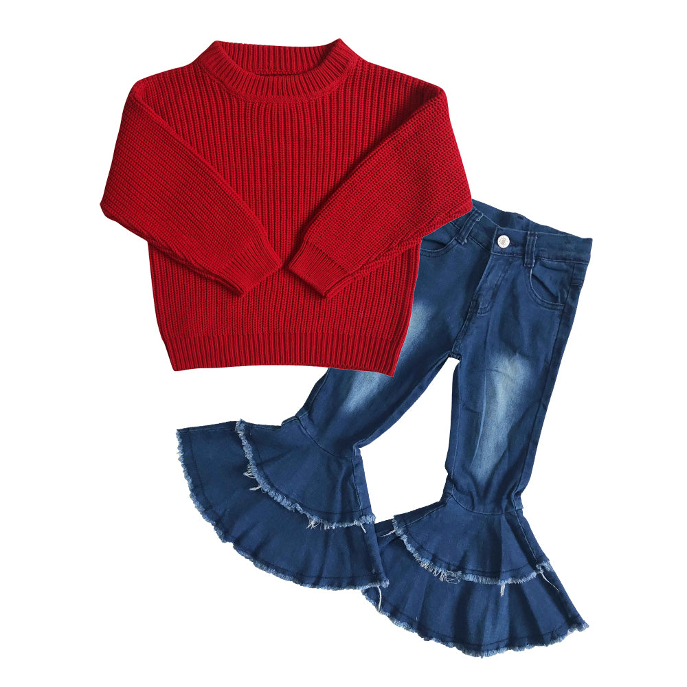 GLP0829 Red sweater long sleeve blue denim pants girls set