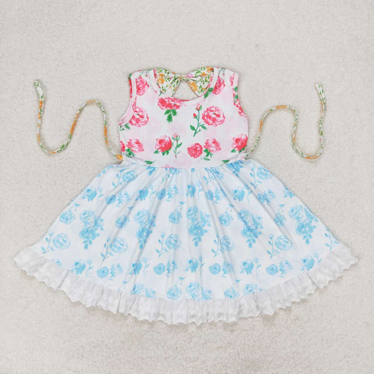 GSD0987 hot pink flowers blue sleeveless girls dress