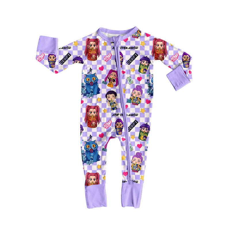 Custom moq 20 bamboo cartoon K witch purple checkered zipper long sleeve girls romper