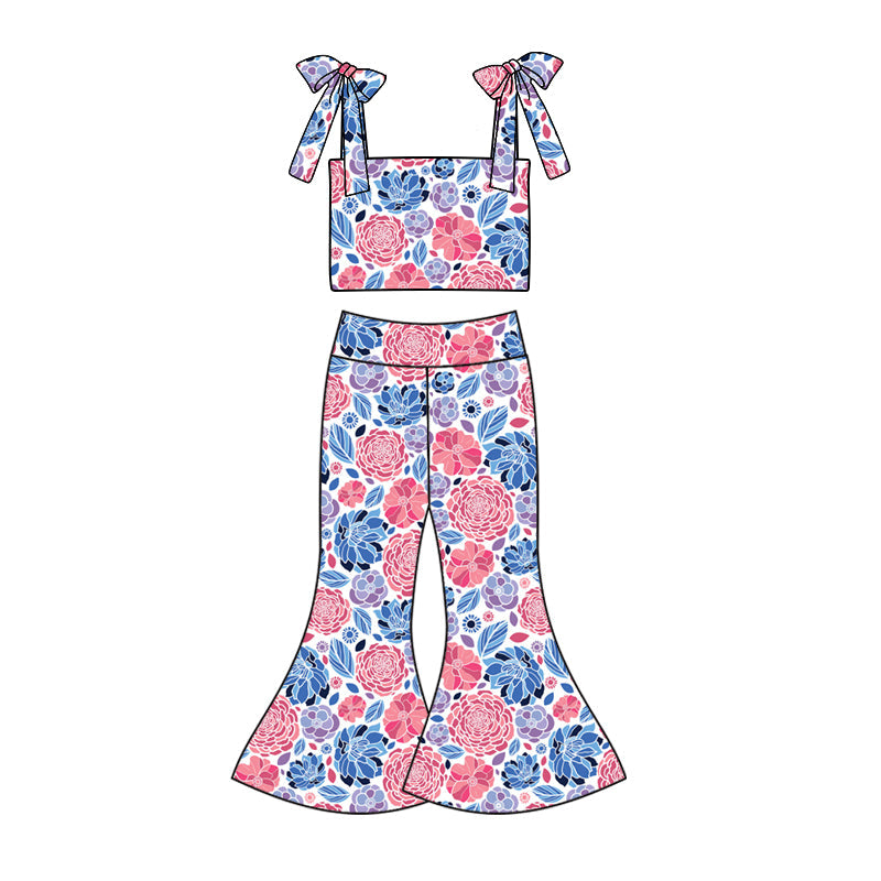 custom (moq 5)Baby Girls 4th Of July Flowers Straps Top Bell Pants Clothes Sets
