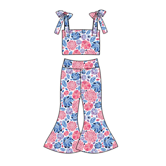 custom (moq 5)Baby Girls 4th Of July Flowers Straps Top Bell Pants Clothes Sets