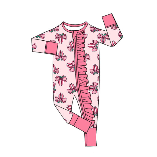 Custom moq 20 bamboo Christmas holly berry bows pink zipper long sleeve girls romper
