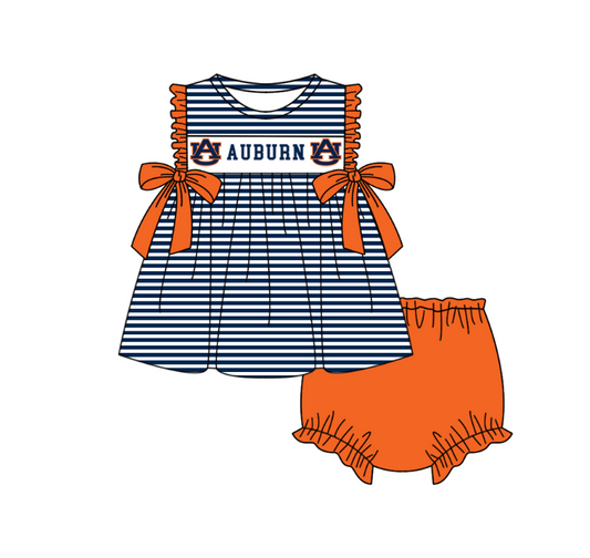 Custom Moq 3 Football Item Auburn Blue Bows Sleeveless Girls Bummies Set