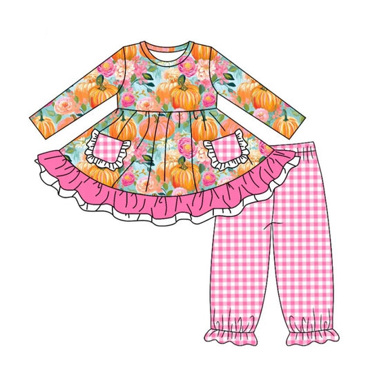 custom Autumn full pumpkin long sleeve hot pink checkered pants girls set