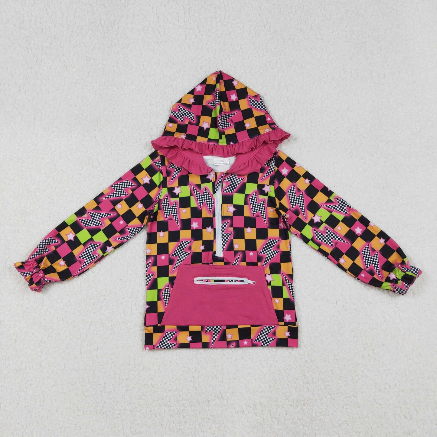 GT1117 colorful checkered flash pocket zipper long sleeve hoodie girls top
