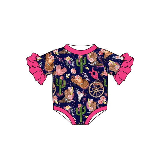 preorder SR0942 Western Cactus Boot Flowers Navy Short Sleeve Girls Romper