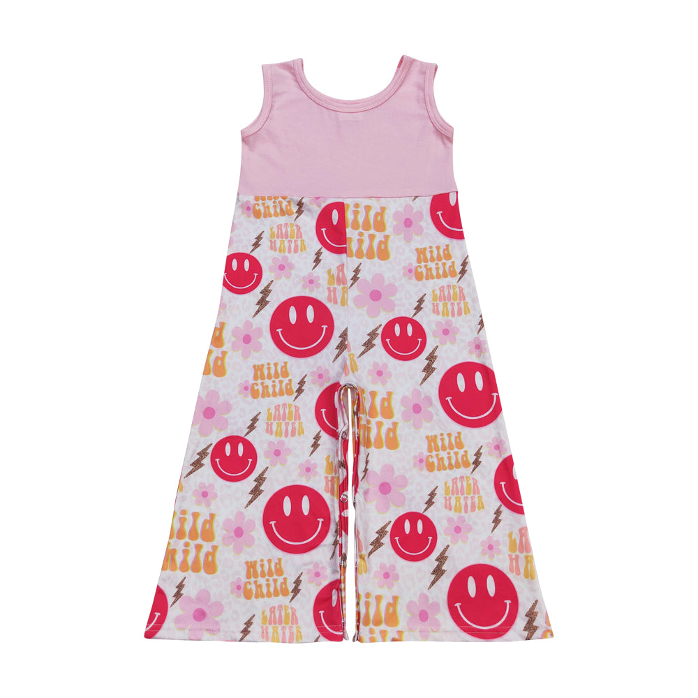 SR1195 Wild child hot pink smile flowers sleeveless girls jumpsuits